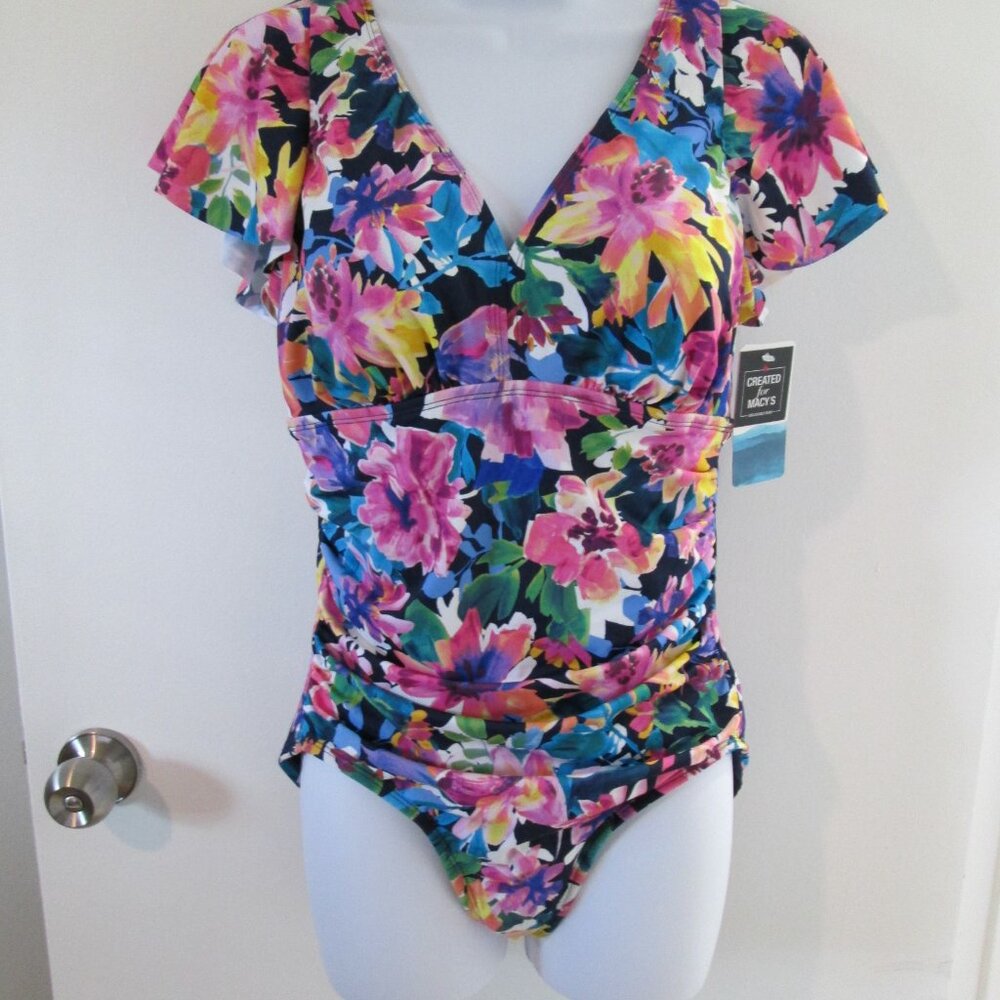 Swim Solutions Garden Dreams Flutter-Sleeve Swimsuit NWT Sz 14 - Picture 5 of 12